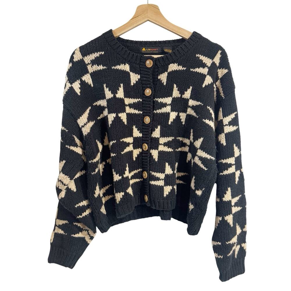 liz sport women large black tan cotton star pattern cardigan sweater